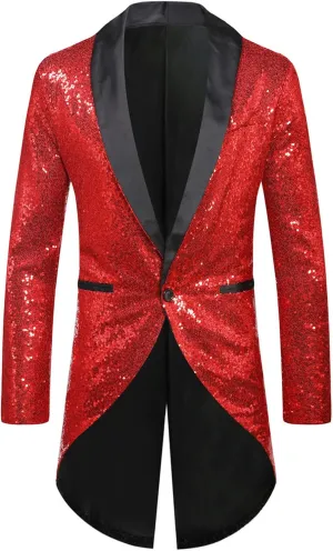 Mens Sequin Tuxedo Jacket Tails Slim Fit Tailcoat Dress Coat Swallowtail Dinner Wedding Party Blazer Suit Jackets