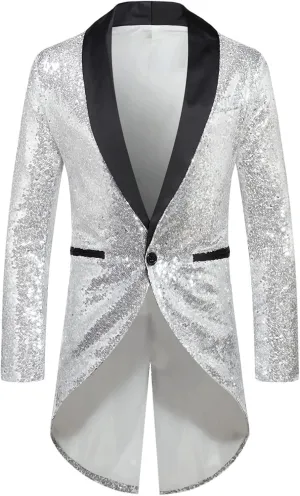 Mens Sequin Tuxedo Jacket Tails Slim Fit Tailcoat Dress Coat Swallowtail Dinner Wedding Party Blazer Suit Jackets