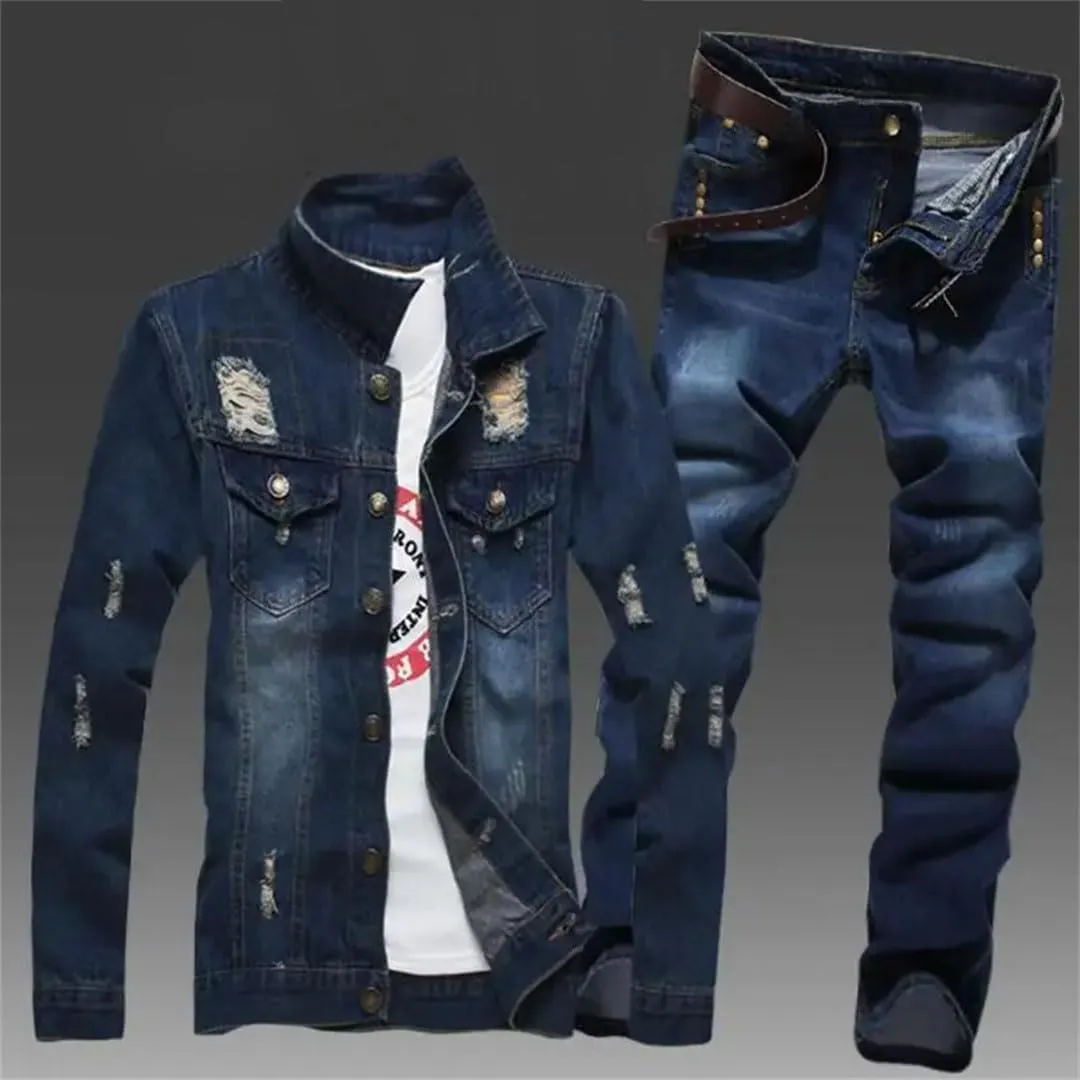 Men's Slim Fit Denim Jacket Pants 2Pcs Set Long Sleeve Coats Letters Printed Casual Large Size Trousers