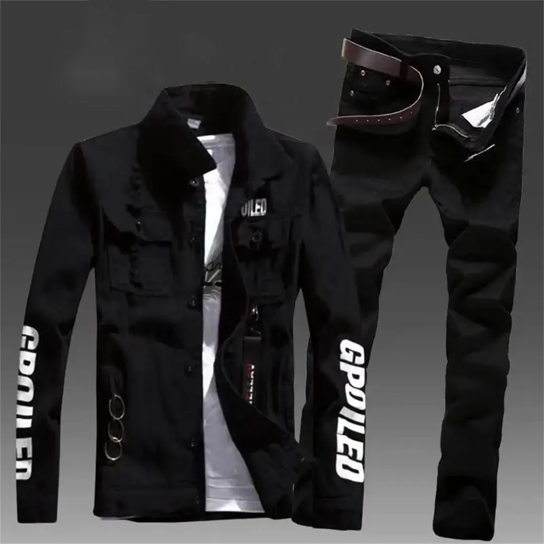 Men's Slim Fit Denim Jacket Pants 2Pcs Set Long Sleeve Coats Letters Printed Casual Large Size Trousers