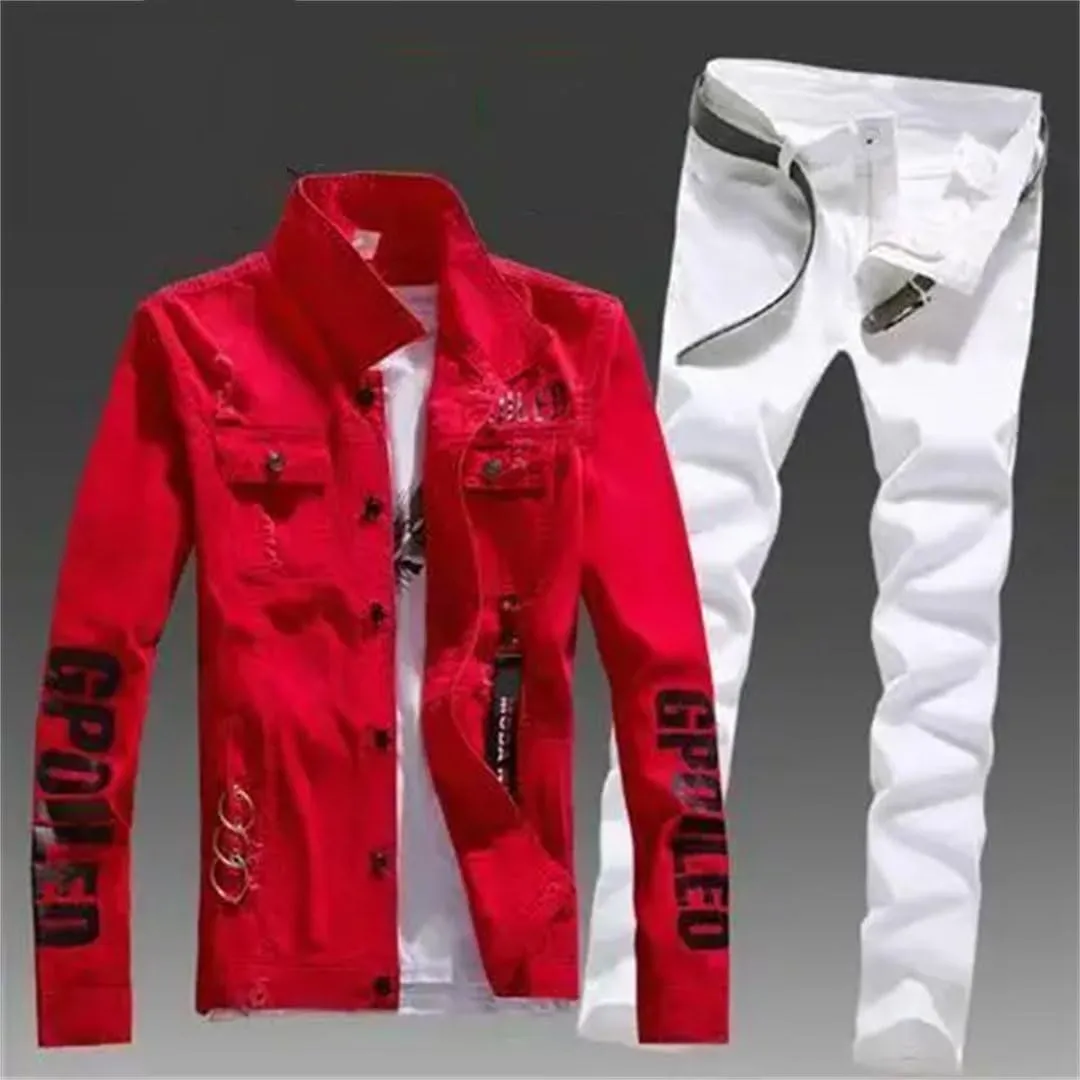 Men's Slim Fit Denim Jacket Pants 2Pcs Set Long Sleeve Coats Letters Printed Casual Large Size Trousers