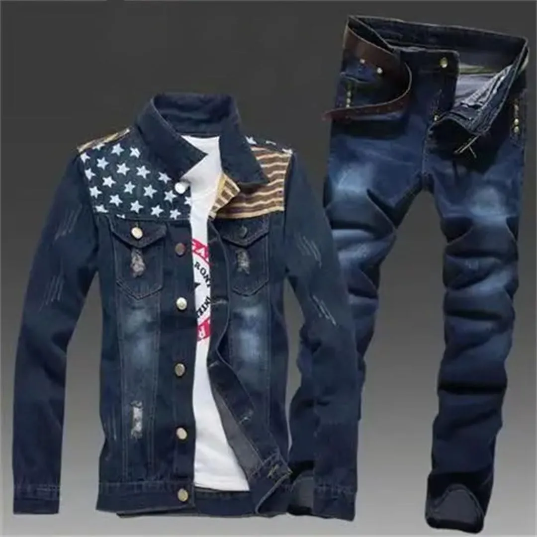 Men's Slim Fit Denim Jacket Pants 2Pcs Set Long Sleeve Coats Letters Printed Casual Large Size Trousers