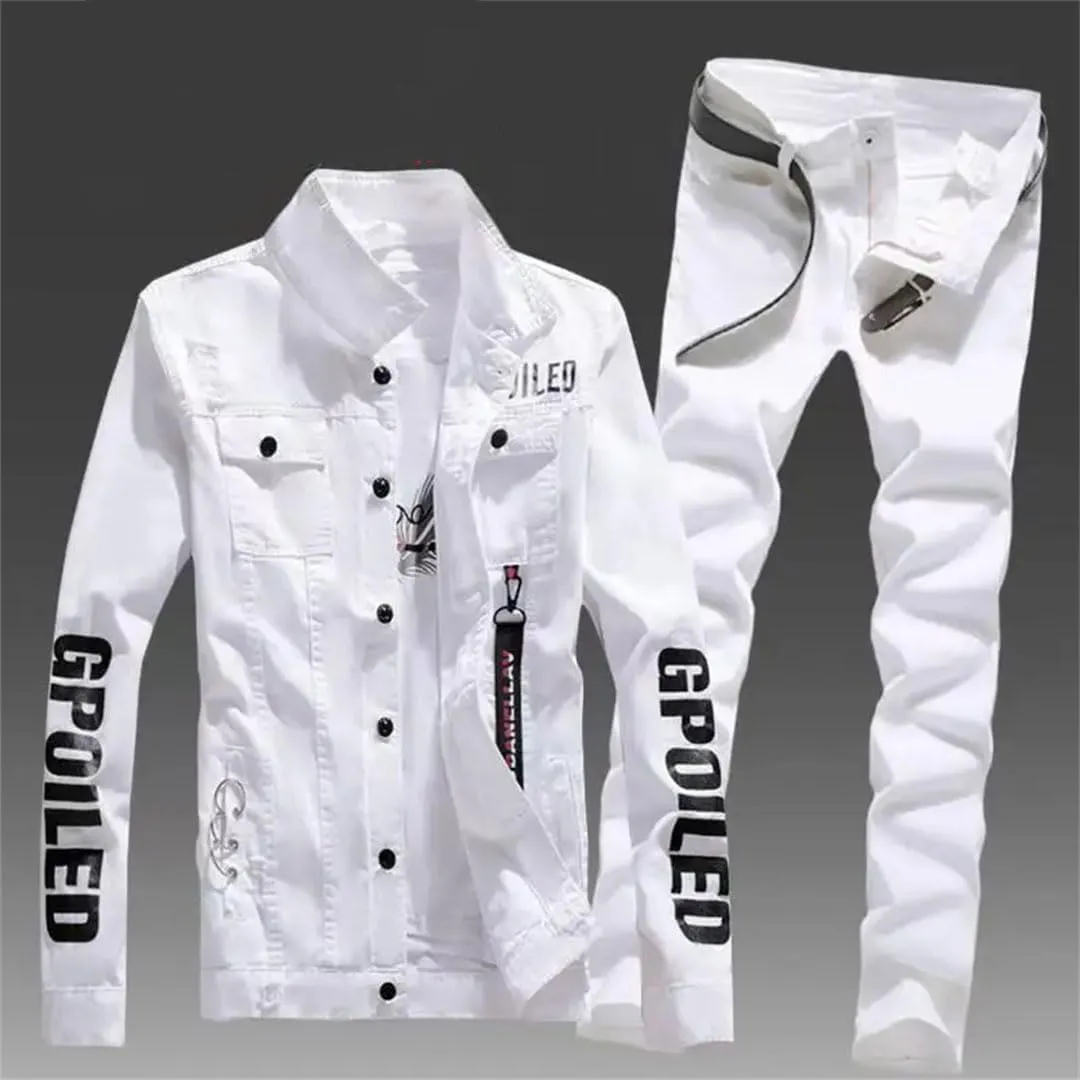 Men's Slim Fit Denim Jacket Pants 2Pcs Set Long Sleeve Coats Letters Printed Casual Large Size Trousers