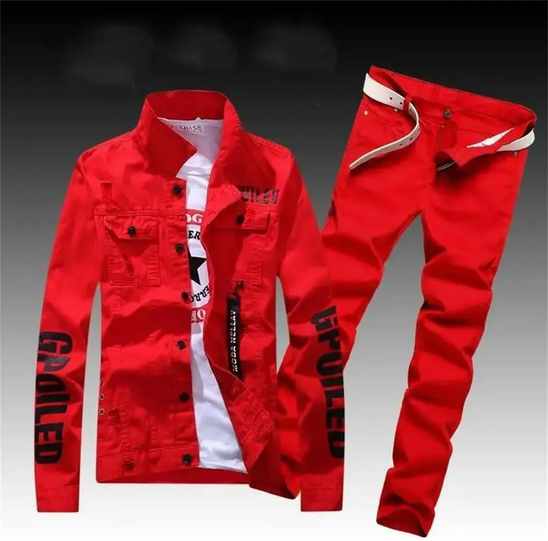Men's Slim Fit Denim Jacket Pants 2Pcs Set Long Sleeve Coats Letters Printed Casual Large Size Trousers