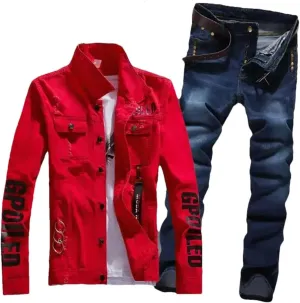Men's Slim Fit Denim Jacket Pants 2Pcs Set Long Sleeve Coats Letters Printed Casual Large Size Trousers