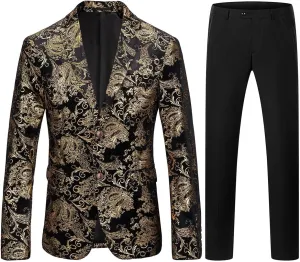 Mens Suit Slim Fit 2 Piece Formal Skinny Floral Tuxedo Suit Set Shawl Lapel for Wedding Dinner Party