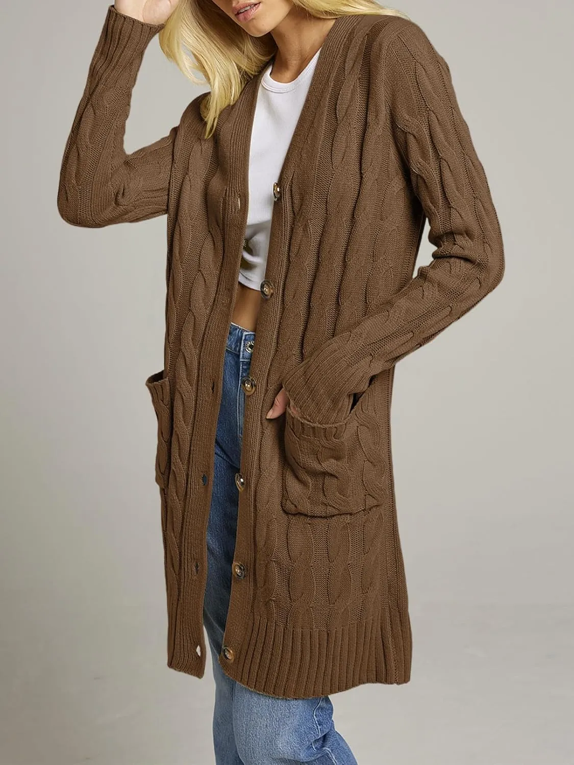 MEROKEETY Women's 2024 Long Sleeve Cable Knit Long Cardigan Open Front Button Sweater Outerwear