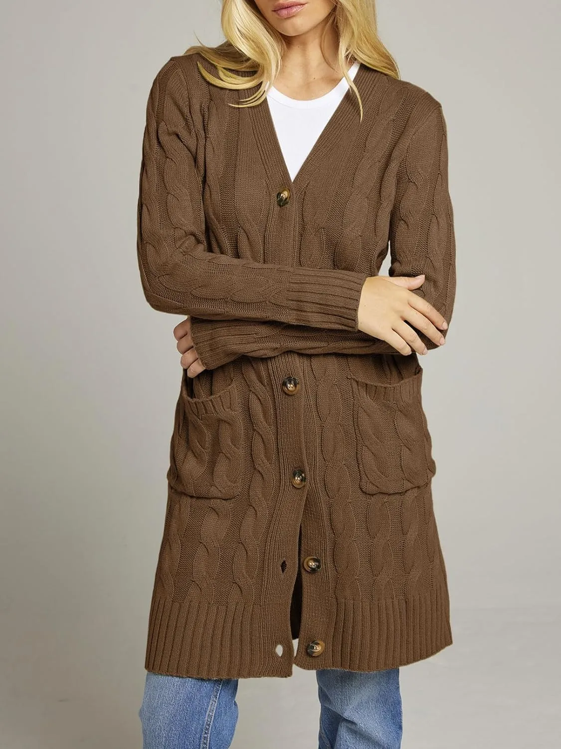 MEROKEETY Women's 2024 Long Sleeve Cable Knit Long Cardigan Open Front Button Sweater Outerwear