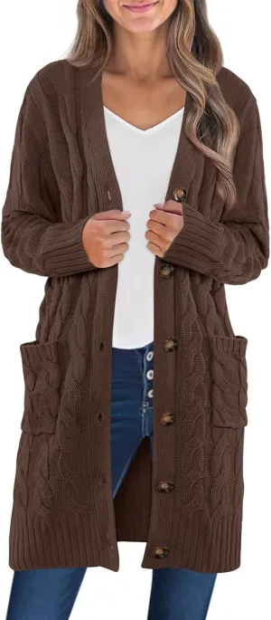 MEROKEETY Women's 2024 Long Sleeve Cable Knit Long Cardigan Open Front Button Sweater Outerwear
