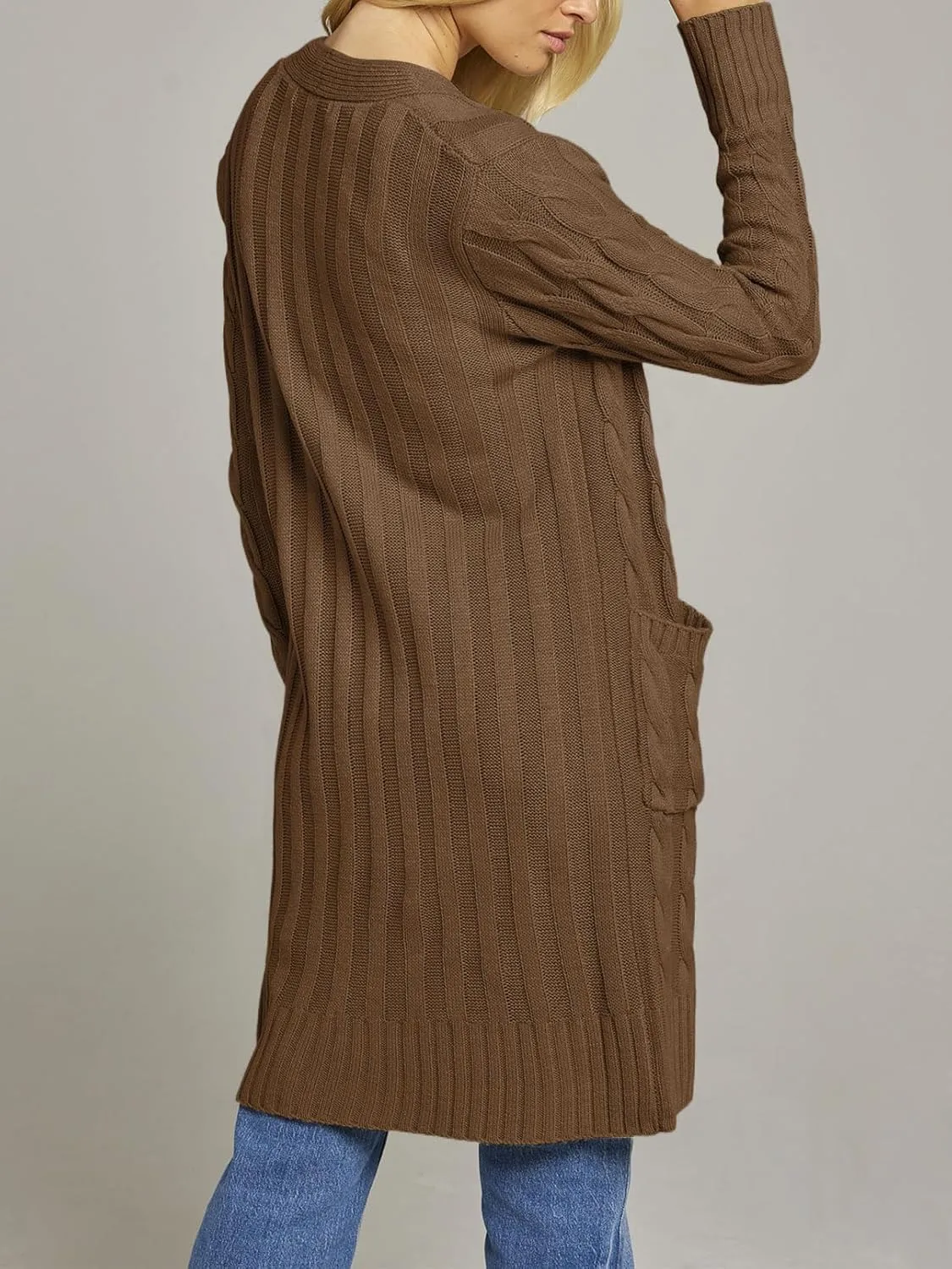 MEROKEETY Women's 2024 Long Sleeve Cable Knit Long Cardigan Open Front Button Sweater Outerwear