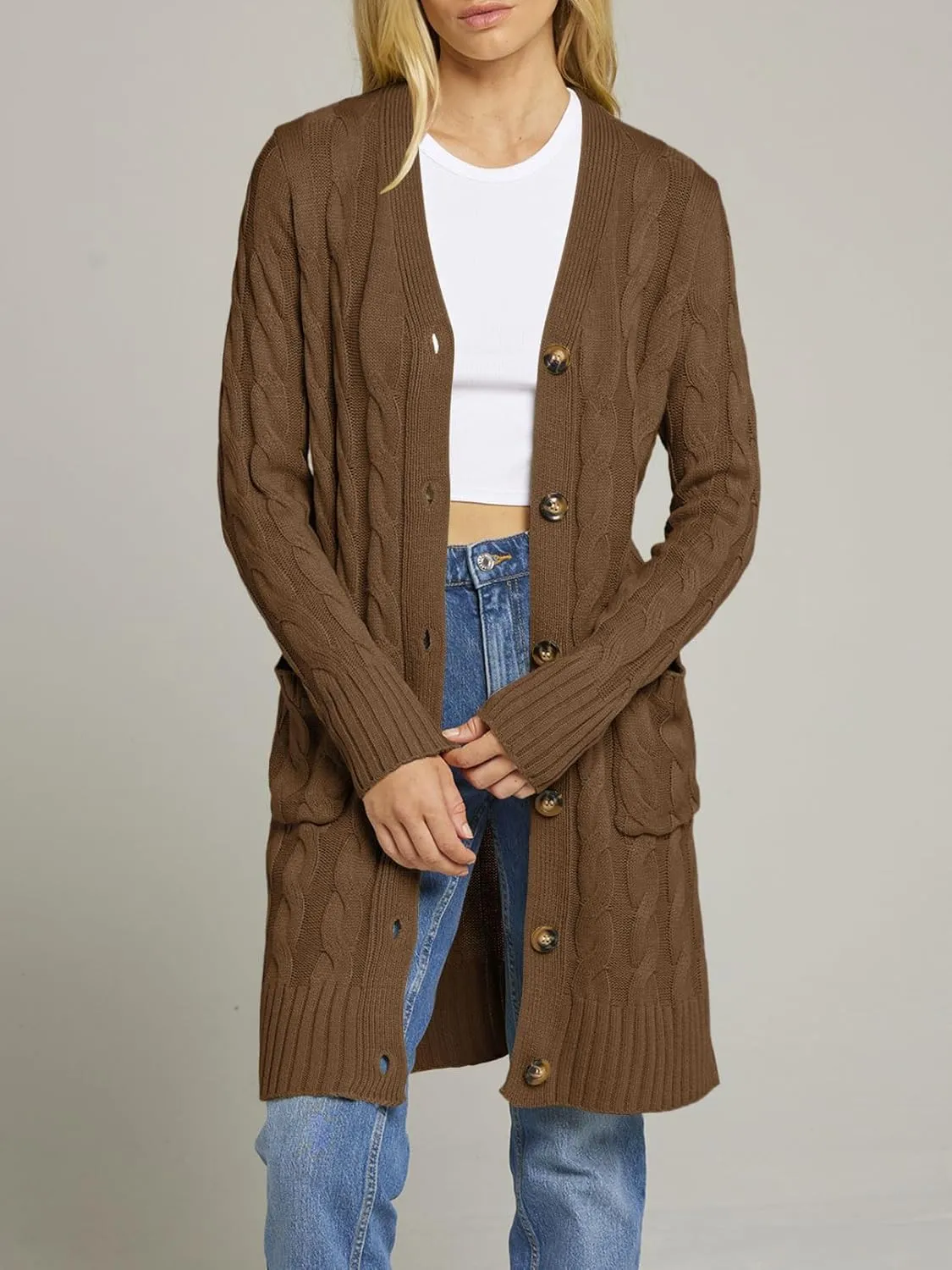 MEROKEETY Women's 2024 Long Sleeve Cable Knit Long Cardigan Open Front Button Sweater Outerwear