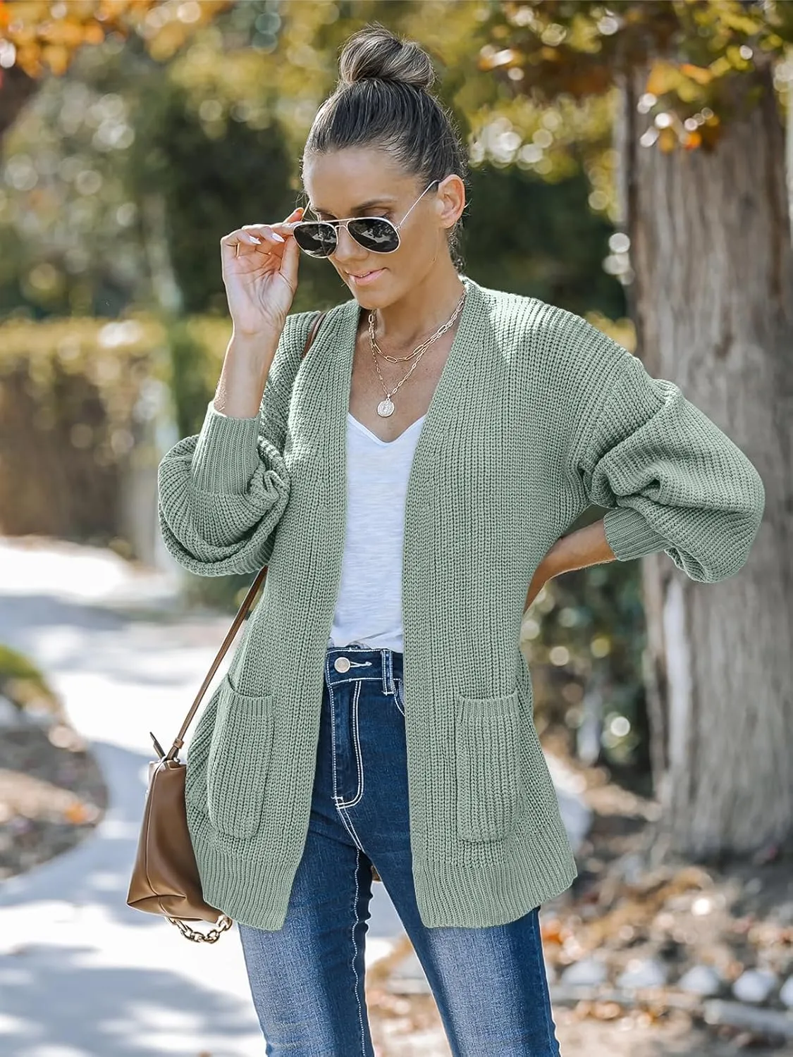 MEROKEETY Women's Fall Open Front Long Lantern Sleeve Cardigan Oversized Chunky Outwear with Pocket