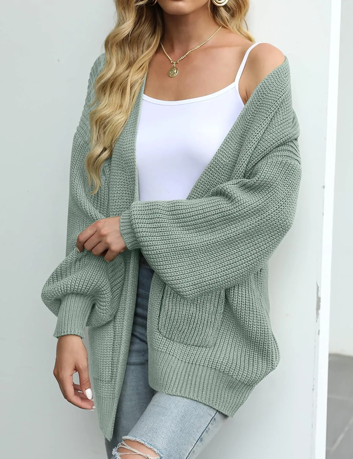 MEROKEETY Women's Fall Open Front Long Lantern Sleeve Cardigan Oversized Chunky Outwear with Pocket