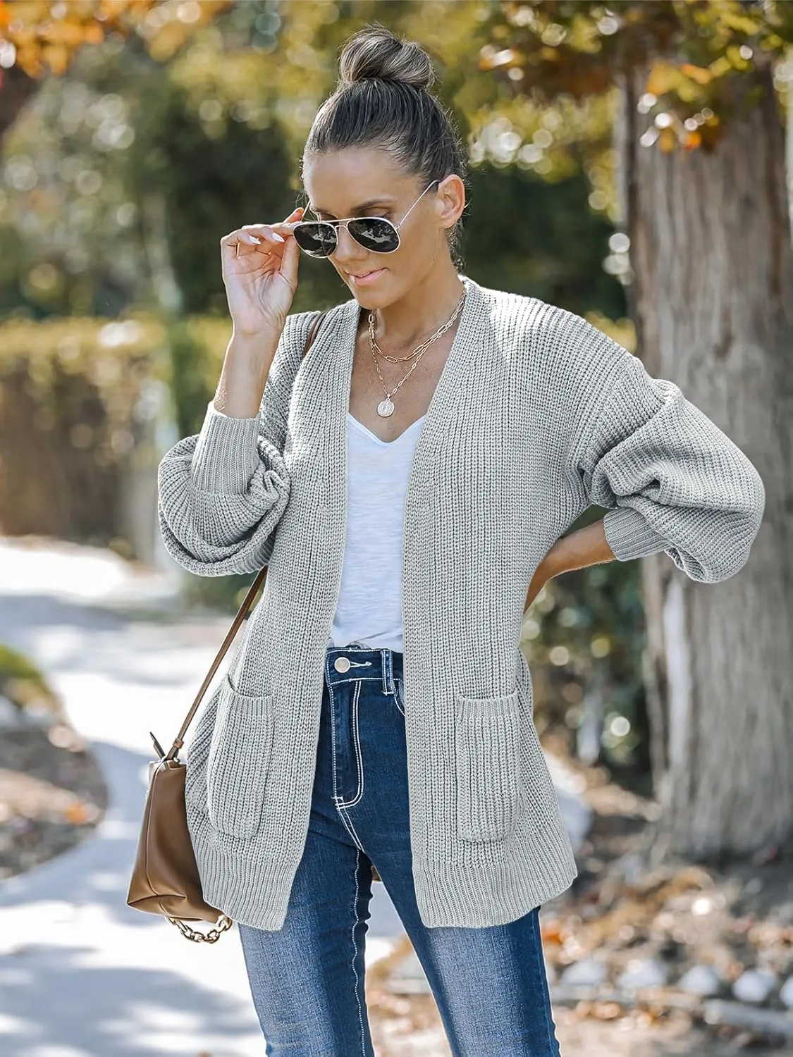 MEROKEETY Women's Fall Open Front Long Lantern Sleeve Cardigan Oversized Chunky Outwear with Pocket