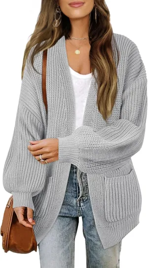 MEROKEETY Women's Fall Open Front Long Lantern Sleeve Cardigan Oversized Chunky Outwear with Pocket