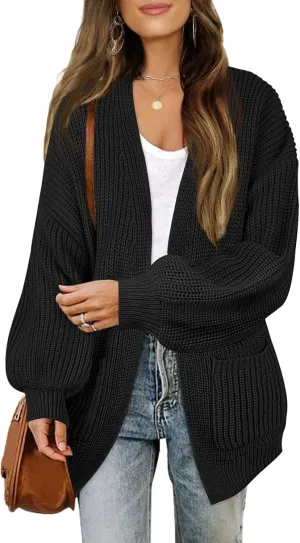 MEROKEETY Women's Fall Open Front Long Lantern Sleeve Cardigan Oversized Chunky Outwear with Pocket
