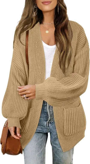 MEROKEETY Women's Fall Open Front Long Lantern Sleeve Cardigan Oversized Chunky Outwear with Pocket