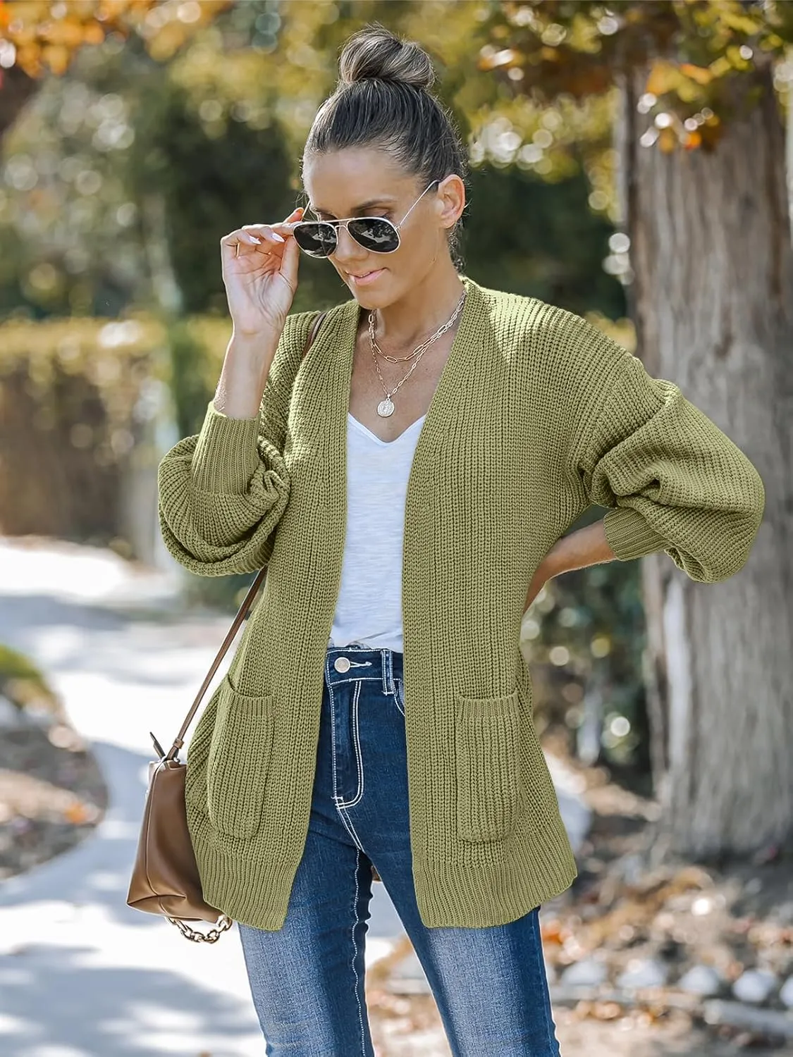 MEROKEETY Women's Fall Open Front Long Lantern Sleeve Cardigan Oversized Chunky Outwear with Pocket
