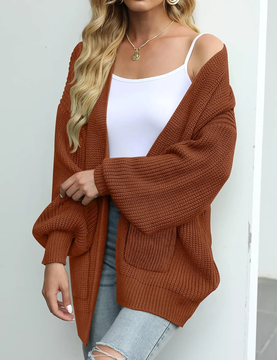 MEROKEETY Women's Fall Open Front Long Lantern Sleeve Cardigan Oversized Chunky Outwear with Pocket