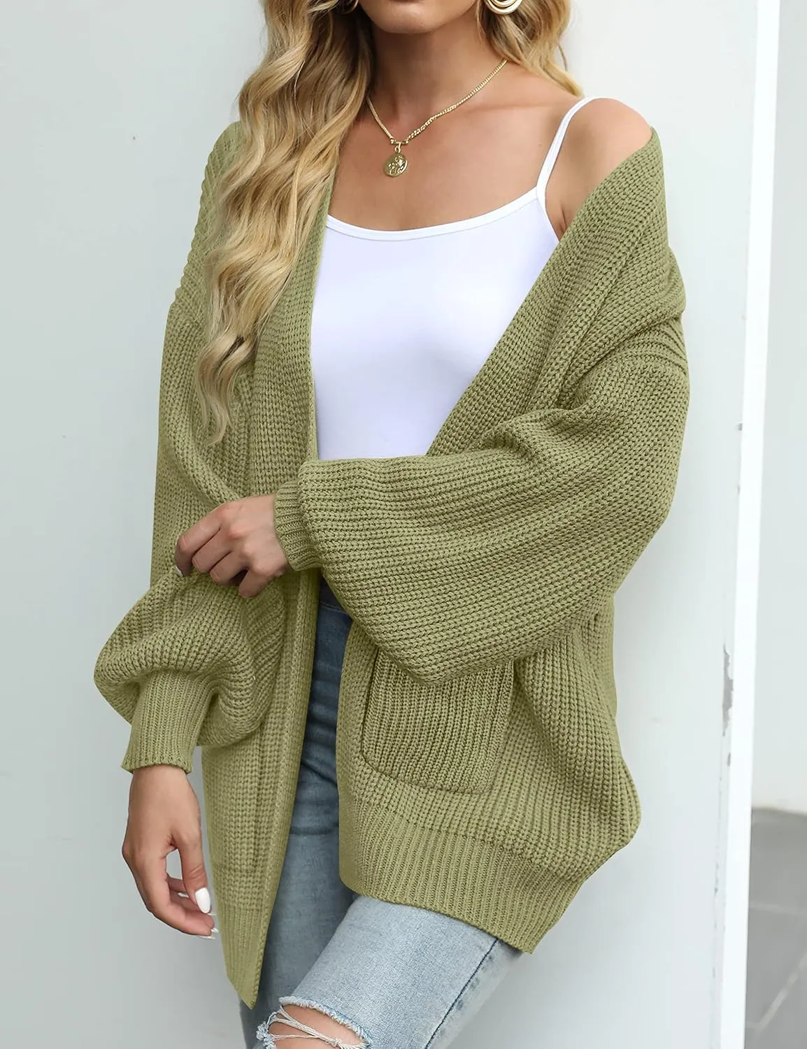 MEROKEETY Women's Fall Open Front Long Lantern Sleeve Cardigan Oversized Chunky Outwear with Pocket