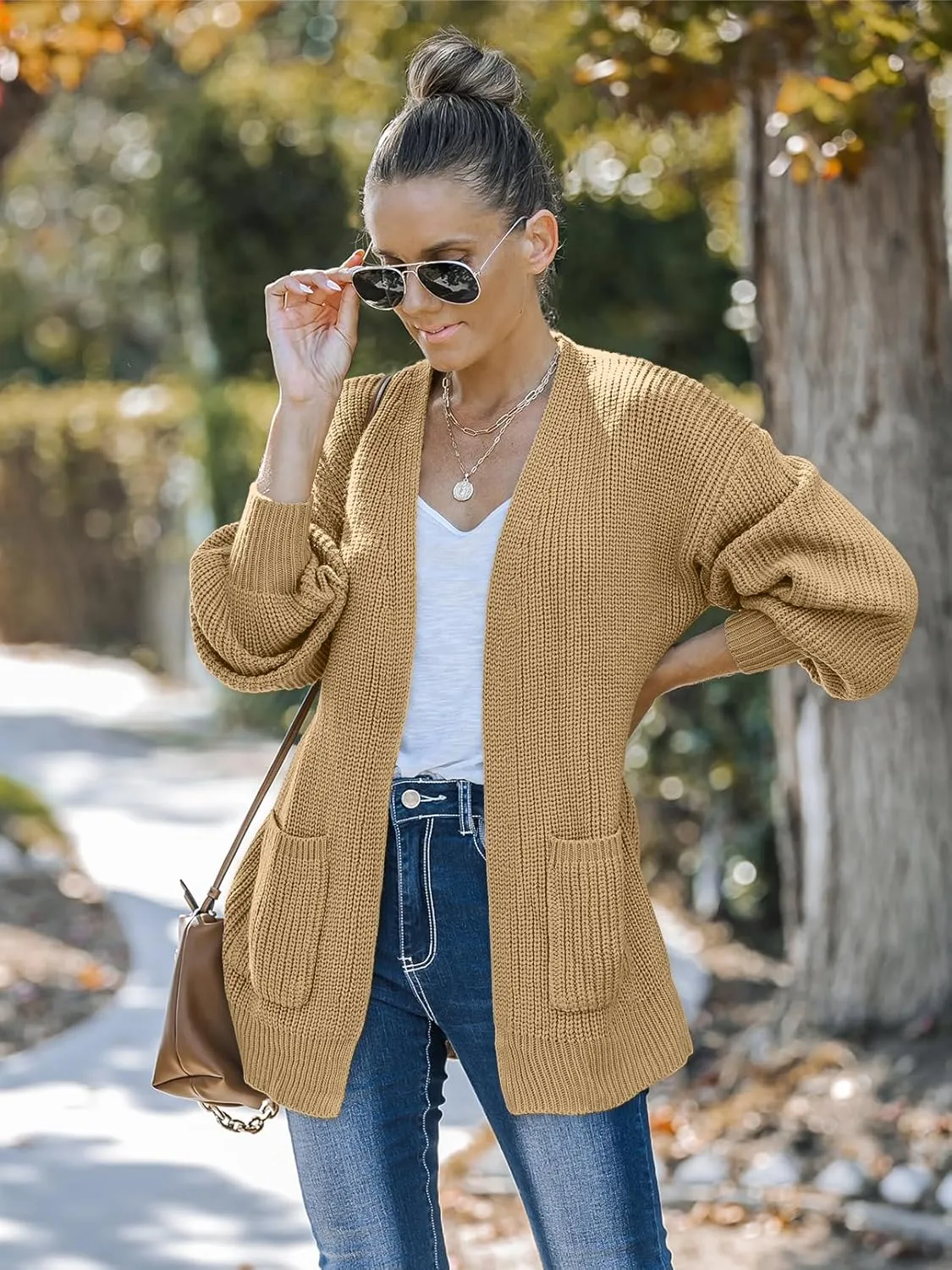 MEROKEETY Women's Fall Open Front Long Lantern Sleeve Cardigan Oversized Chunky Outwear with Pocket