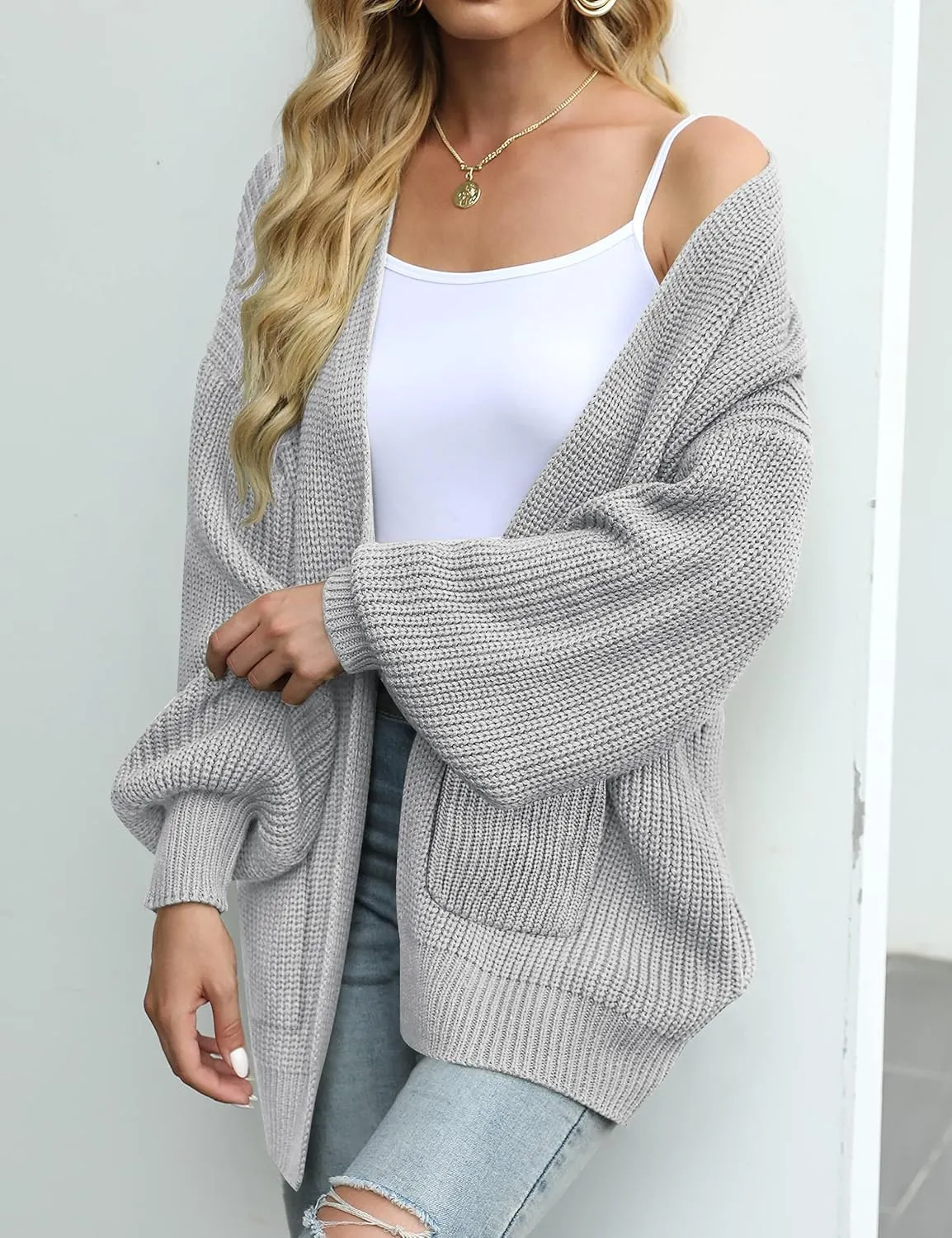MEROKEETY Women's Fall Open Front Long Lantern Sleeve Cardigan Oversized Chunky Outwear with Pocket