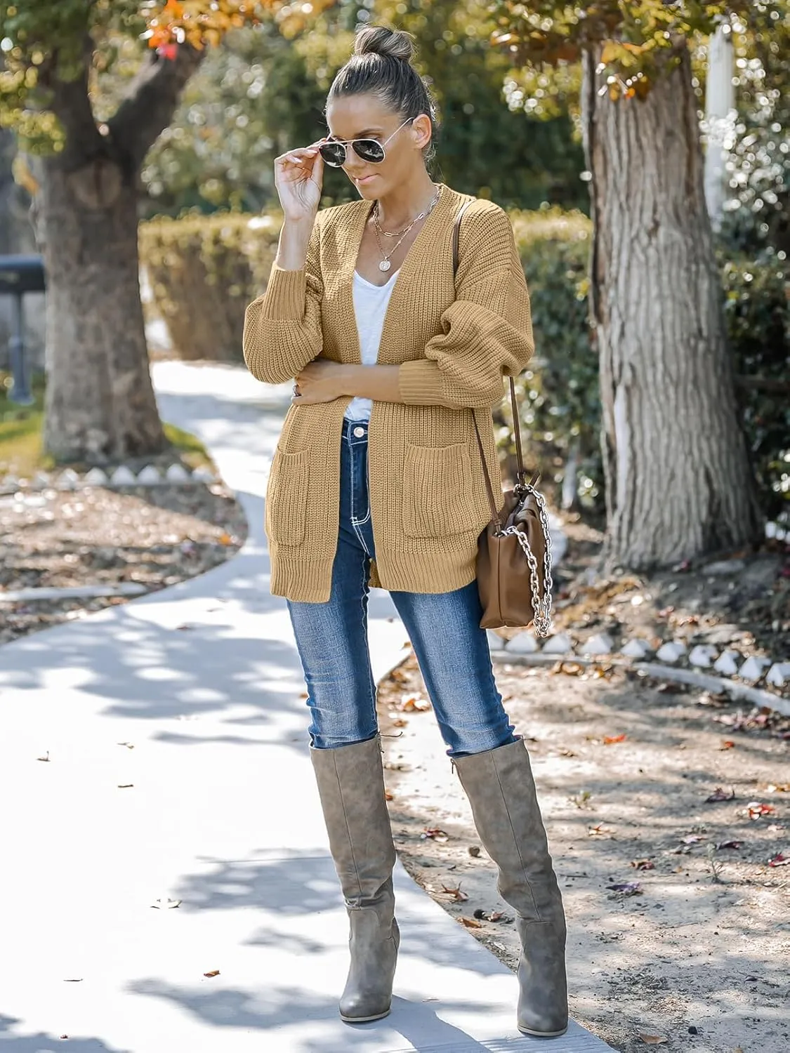 MEROKEETY Women's Fall Open Front Long Lantern Sleeve Cardigan Oversized Chunky Outwear with Pocket
