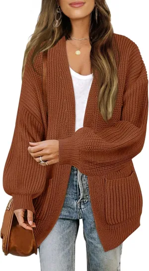 MEROKEETY Women's Fall Open Front Long Lantern Sleeve Cardigan Oversized Chunky Outwear with Pocket