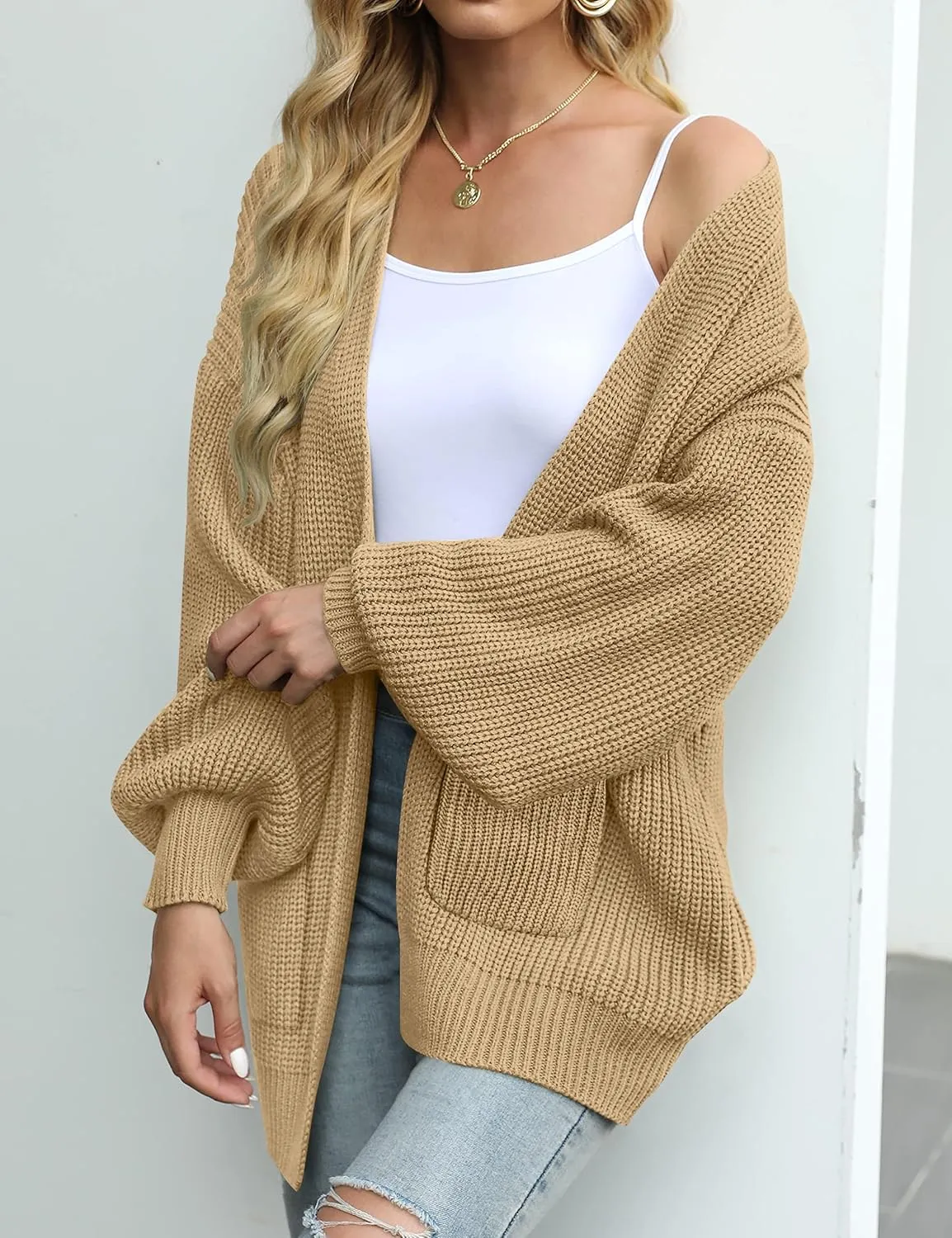 MEROKEETY Women's Fall Open Front Long Lantern Sleeve Cardigan Oversized Chunky Outwear with Pocket