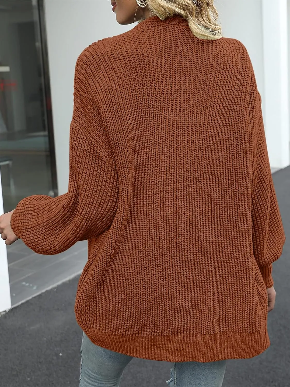 MEROKEETY Women's Fall Open Front Long Lantern Sleeve Cardigan Oversized Chunky Outwear with Pocket