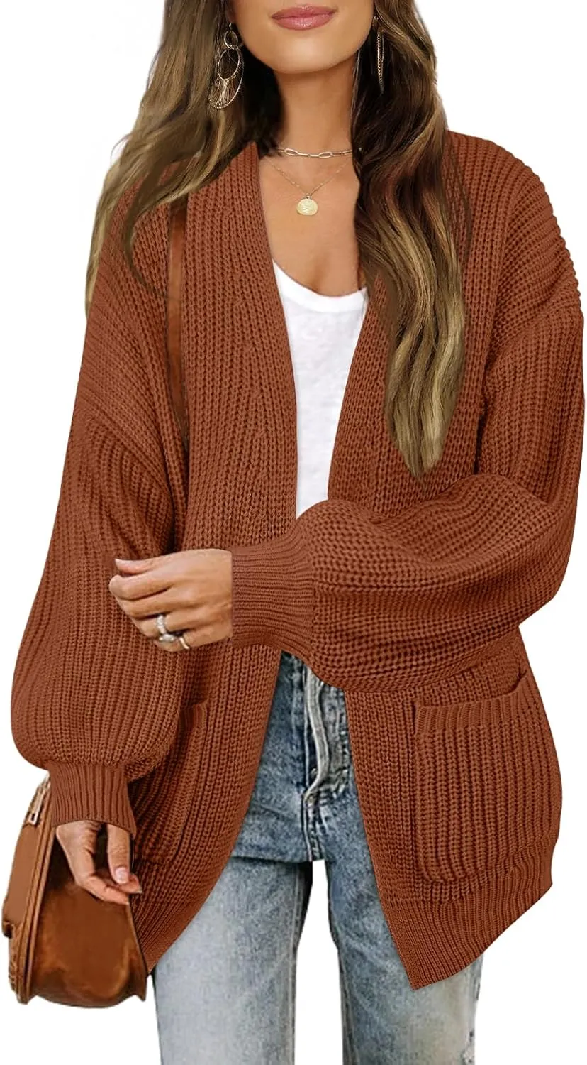 MEROKEETY Women's Fall Open Front Long Lantern Sleeve Cardigan Oversized Chunky Outwear with Pocket