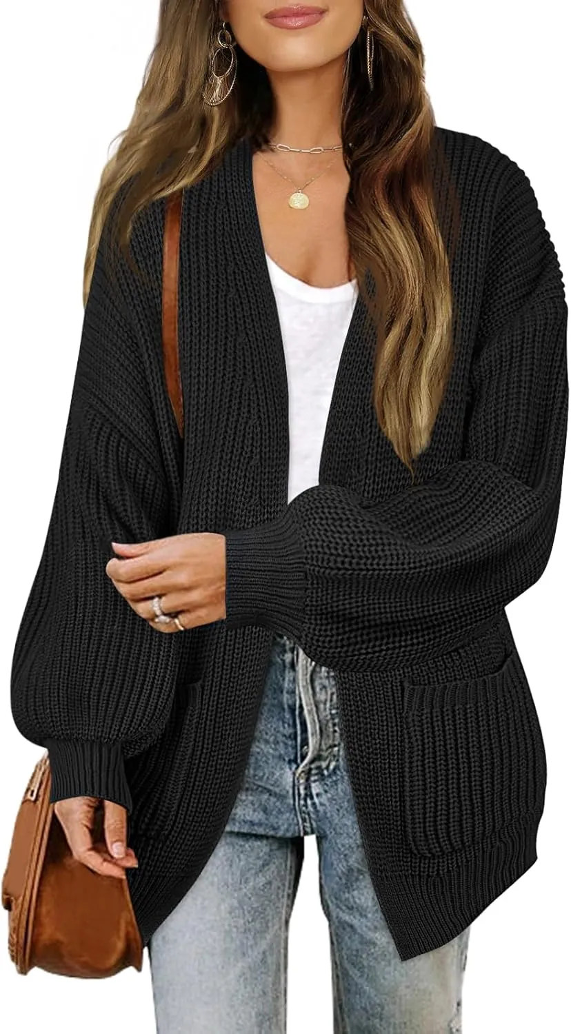 MEROKEETY Women's Fall Open Front Long Lantern Sleeve Cardigan Oversized Chunky Outwear with Pocket