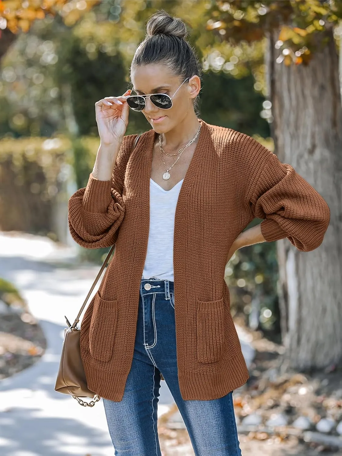 MEROKEETY Women's Fall Open Front Long Lantern Sleeve Cardigan Oversized Chunky Outwear with Pocket