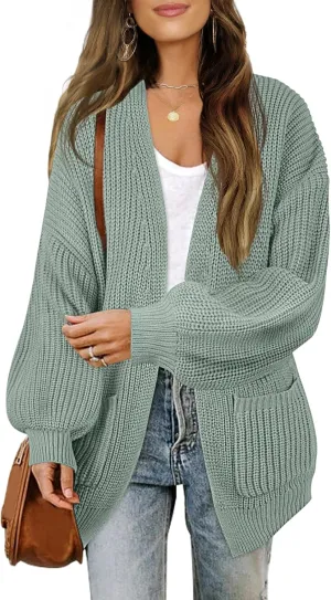 MEROKEETY Women's Fall Open Front Long Lantern Sleeve Cardigan Oversized Chunky Outwear with Pocket