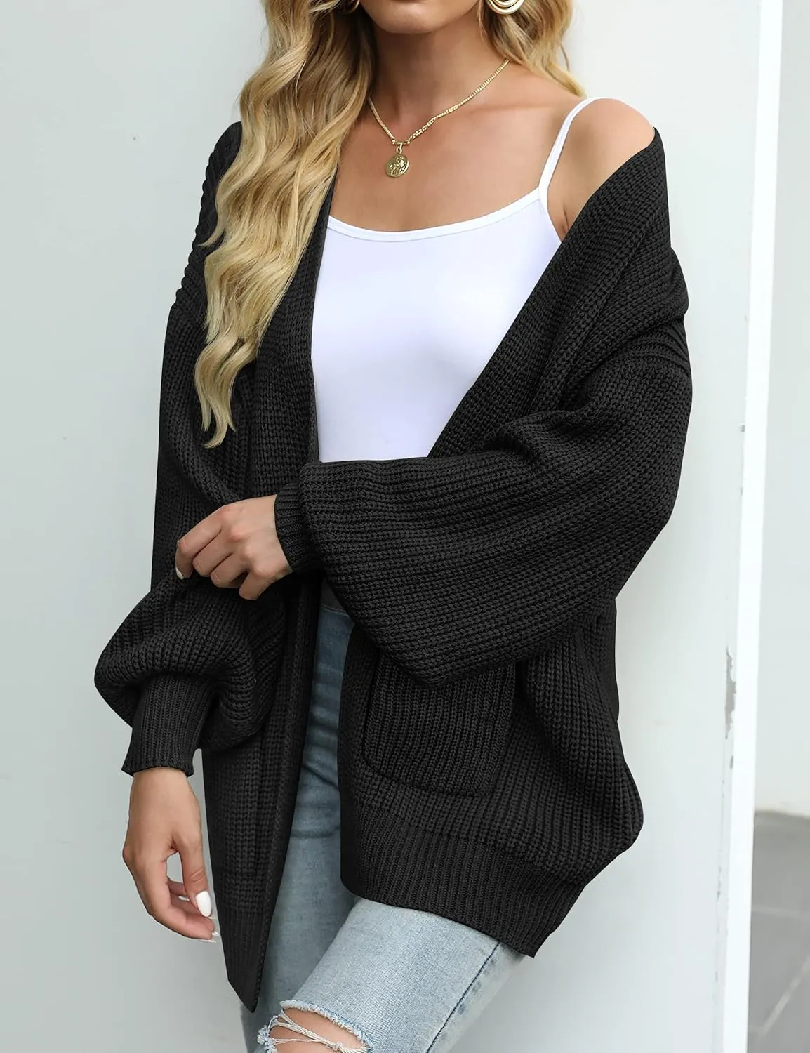MEROKEETY Women's Fall Open Front Long Lantern Sleeve Cardigan Oversized Chunky Outwear with Pocket