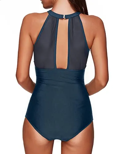 Mesh High Neck Plunge Women's One Piece Swimsuit-Blue