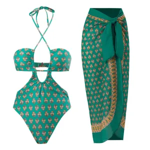 Mia - Moroccan Print Ruched Halter Neck One-Piece Swimsuit Set
