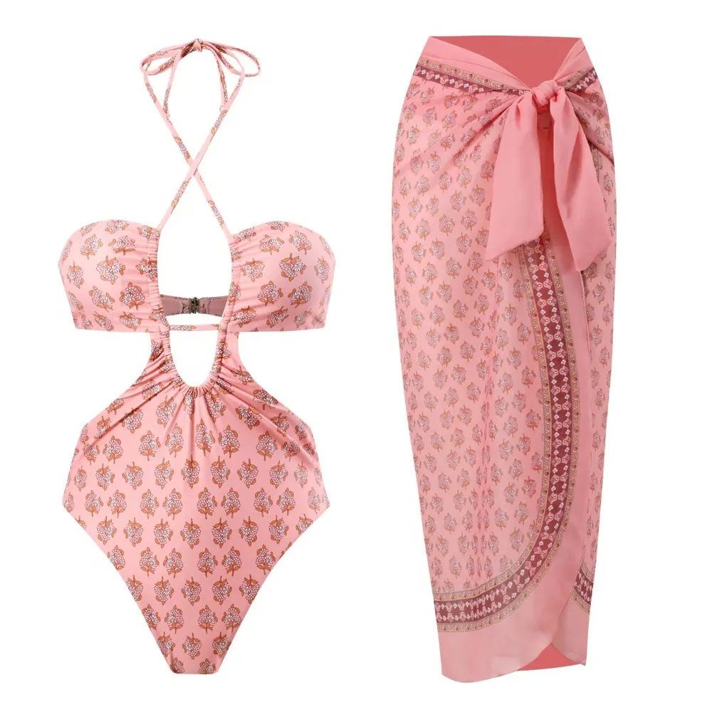Mia - Moroccan Print Ruched Halter Neck One-Piece Swimsuit Set