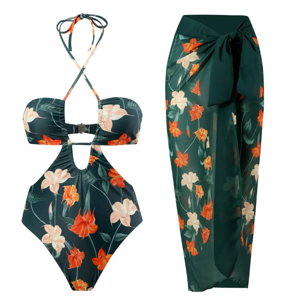 Mia - Moroccan Print Ruched Halter Neck One-Piece Swimsuit Set