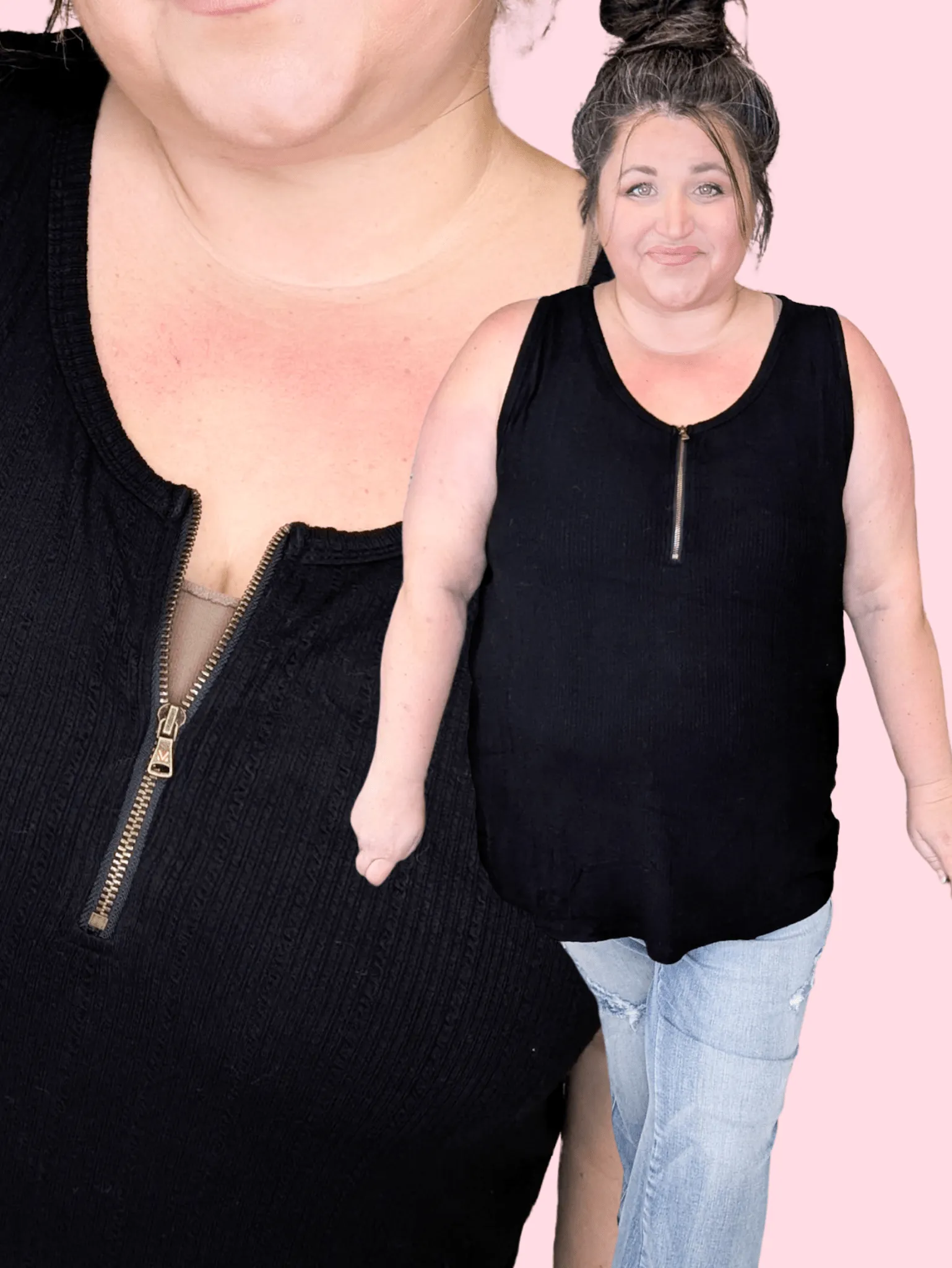 Mila Zipper Front Pointelle Tank in Black