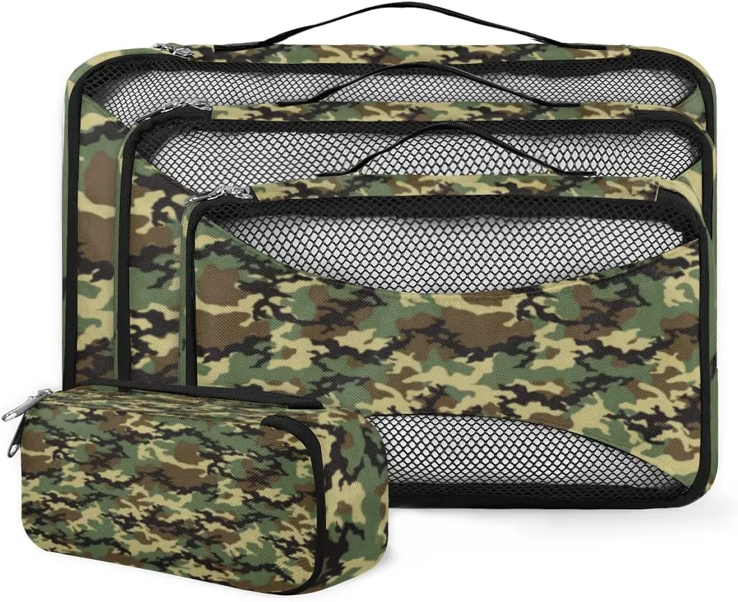 Military Army Camouflage Pattern Packing Cubes 4 Pack Travel Packing Bags Individual Carry on Suitcases Underwear Luggage Mesh Organizer Packing Cubes Set for Travel Bag Backpack