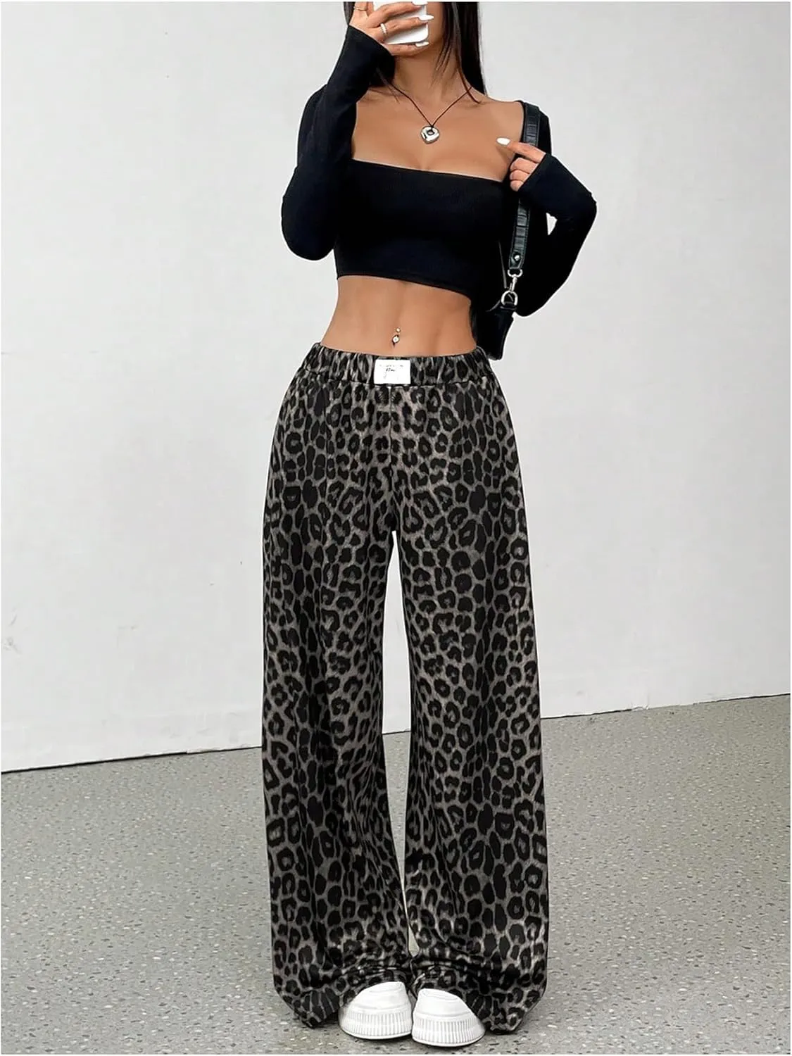 Milumia Women's Leopard Elastic Waist Sweatpants Straight Wide Leg Pant Trousers