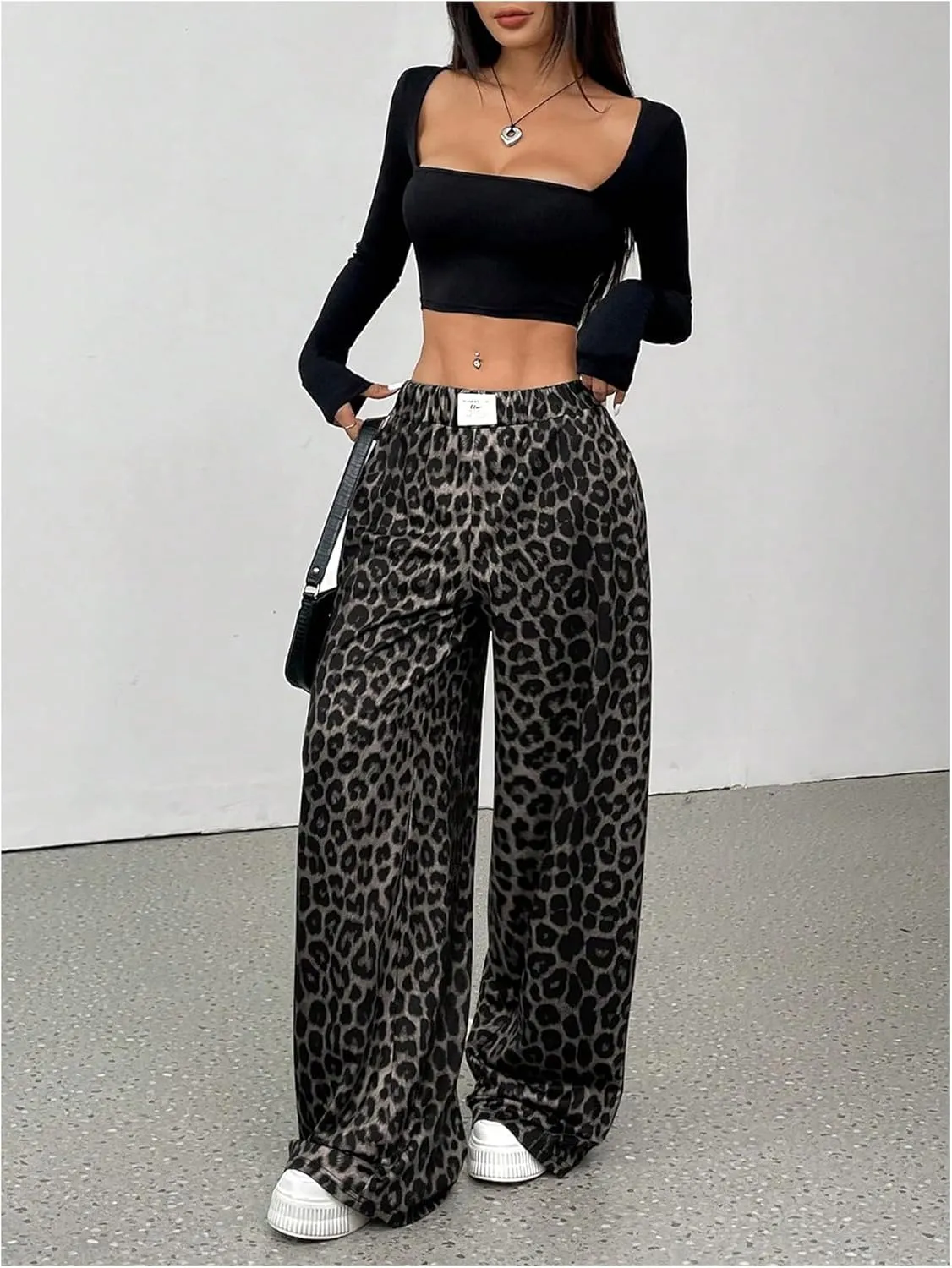 Milumia Women's Leopard Elastic Waist Sweatpants Straight Wide Leg Pant Trousers