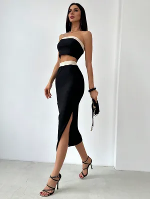 Minimalist Elegant Color Block Bandeau   High Slit Skirt 2 Piece Set, Beige & Black