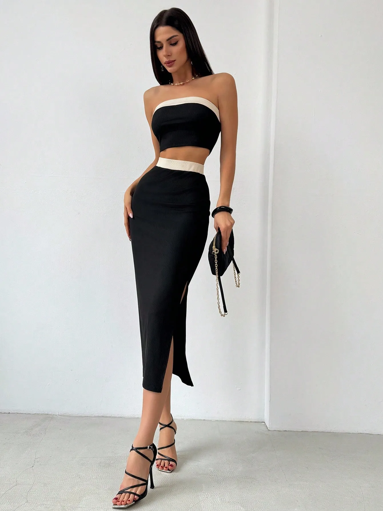 Minimalist Elegant Color Block Bandeau   High Slit Skirt 2 Piece Set, Beige & Black