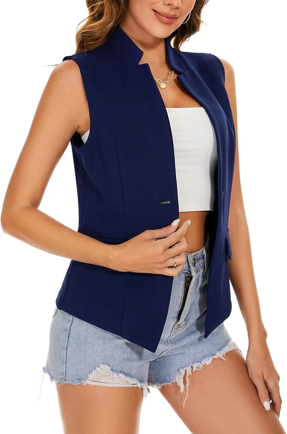 MINTLIMIT Women Button Front Sleeveless Blazer Vest Summer Casual Notch Collar Office Lightweight Vests Blazers with Pockets