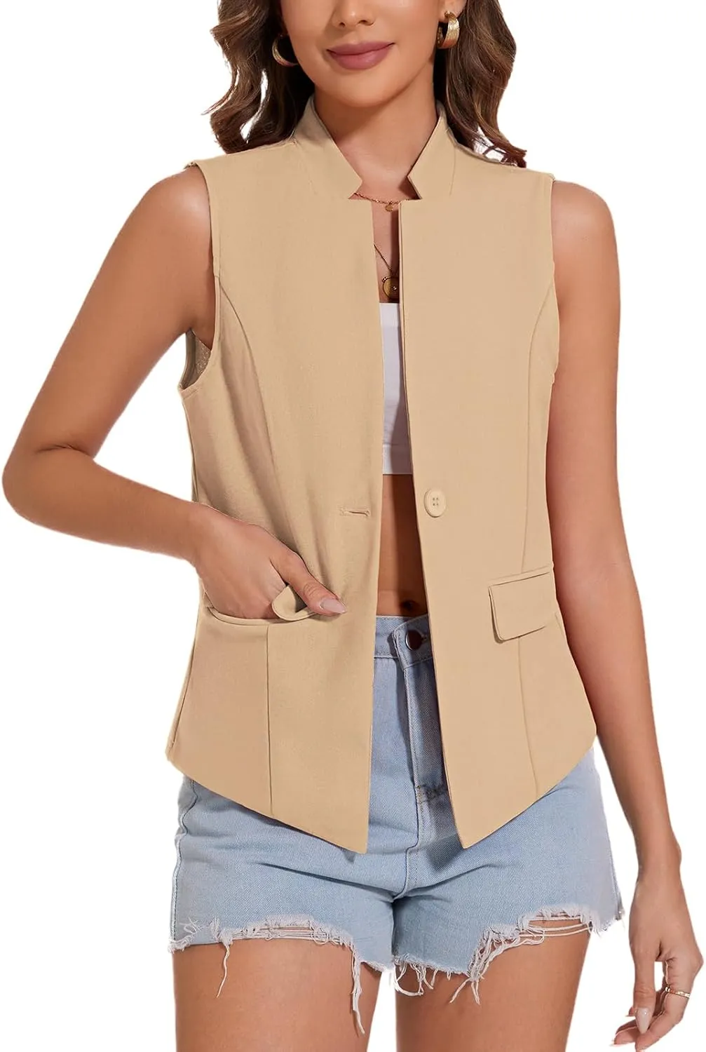 MINTLIMIT Women Button Front Sleeveless Blazer Vest Summer Casual Notch Collar Office Lightweight Vests Blazers with Pockets