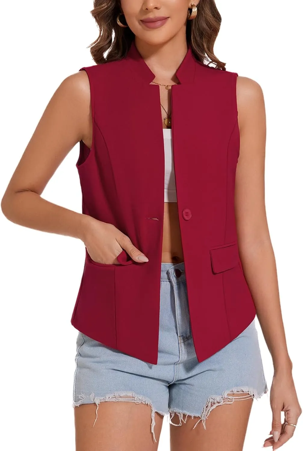 MINTLIMIT Women Button Front Sleeveless Blazer Vest Summer Casual Notch Collar Office Lightweight Vests Blazers with Pockets