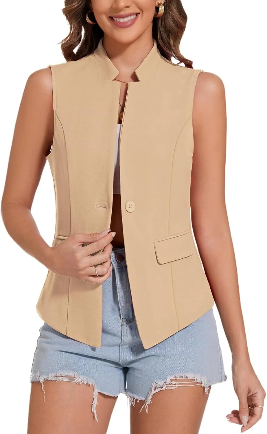 MINTLIMIT Women Button Front Sleeveless Blazer Vest Summer Casual Notch Collar Office Lightweight Vests Blazers with Pockets