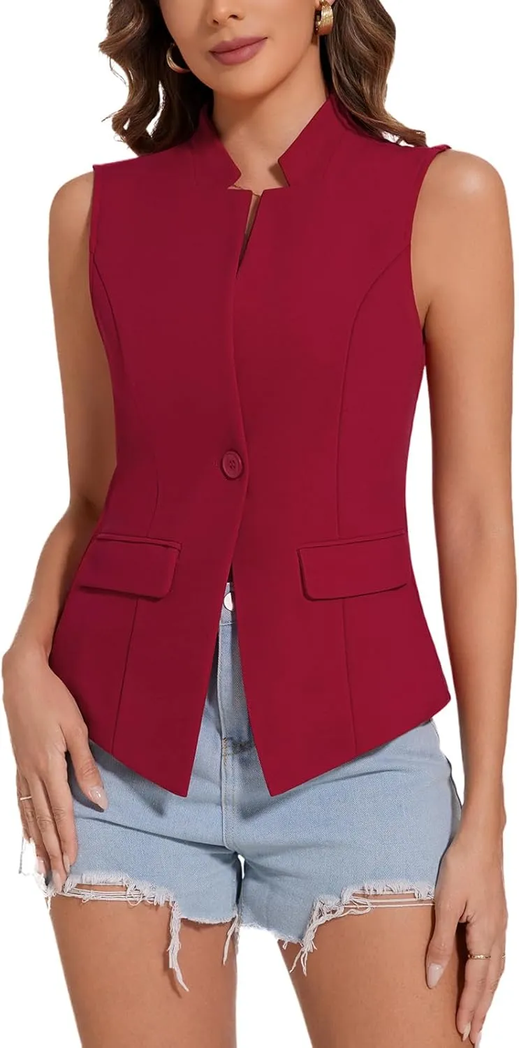 MINTLIMIT Women Button Front Sleeveless Blazer Vest Summer Casual Notch Collar Office Lightweight Vests Blazers with Pockets